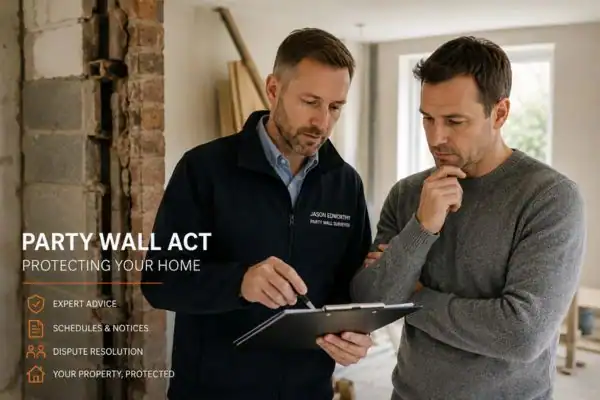 Party wall surveyor West Yorkshire discussing extension plans with homeowner outside a UK semi-detached house.